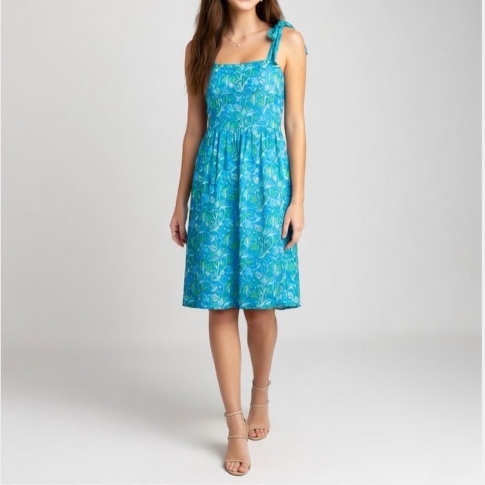 VICTORIA DUNN Blue Green Floral Print Tie Shoulder Midi Dress Women's XS